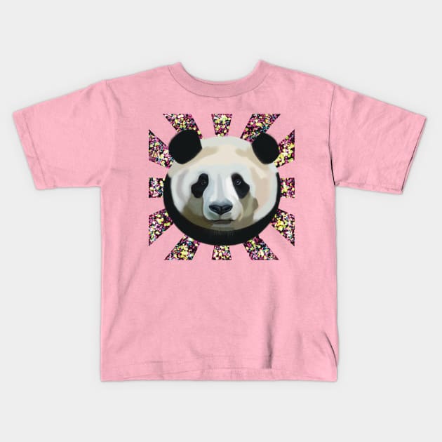 Striking Panda bear on Rainbow Random Spotted patterned sun rays Kids T-Shirt by KateVanFloof